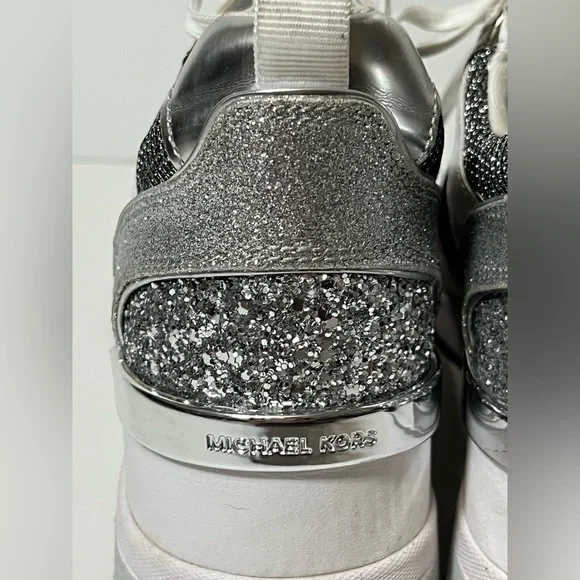 Michael Kors Crista Silver White Mixed Media Wedge Sneakers Glitter Women’s 9.5 - Picture 7 of 12